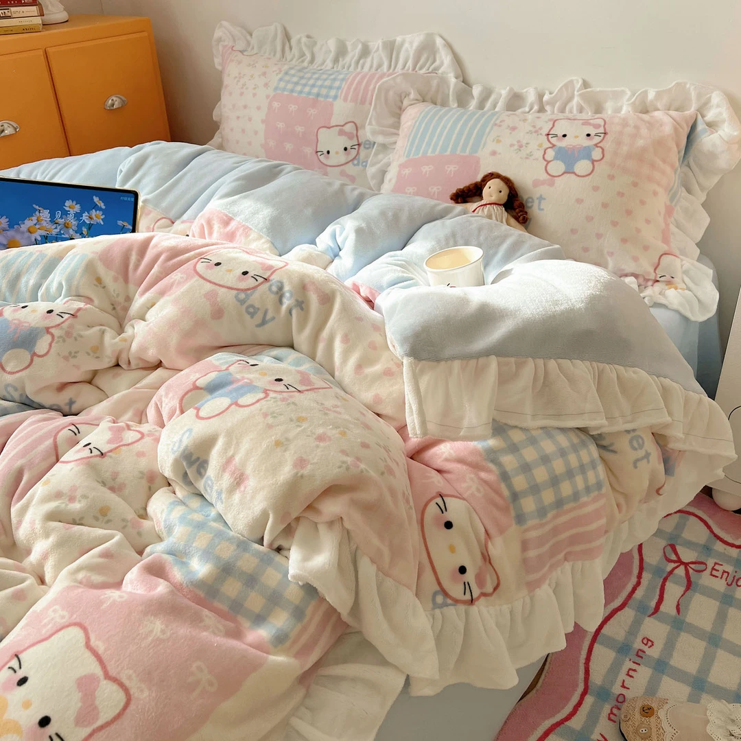 韩式花边牛奶绒床上四件套公主风珊瑚绒被套床单笠加厚单人三件套