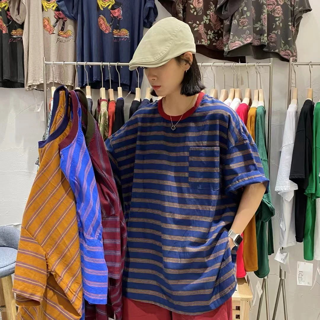 TY53619条纹宽松半袖圆领短袖五分袖拼接夏季口袋T恤时尚ol