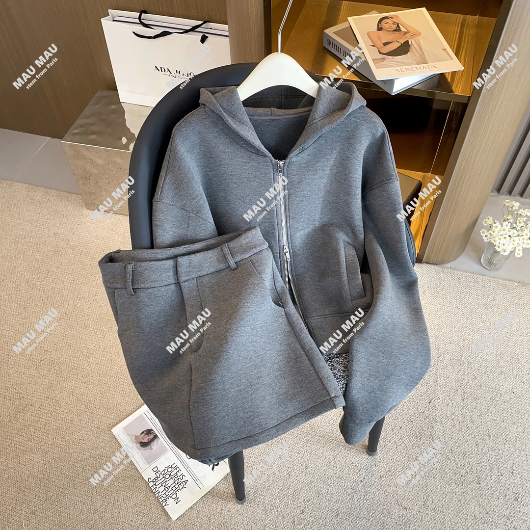 连帽针织上衣套装女新款宽松休闲上衣高腰半身裙子两件套DY9642