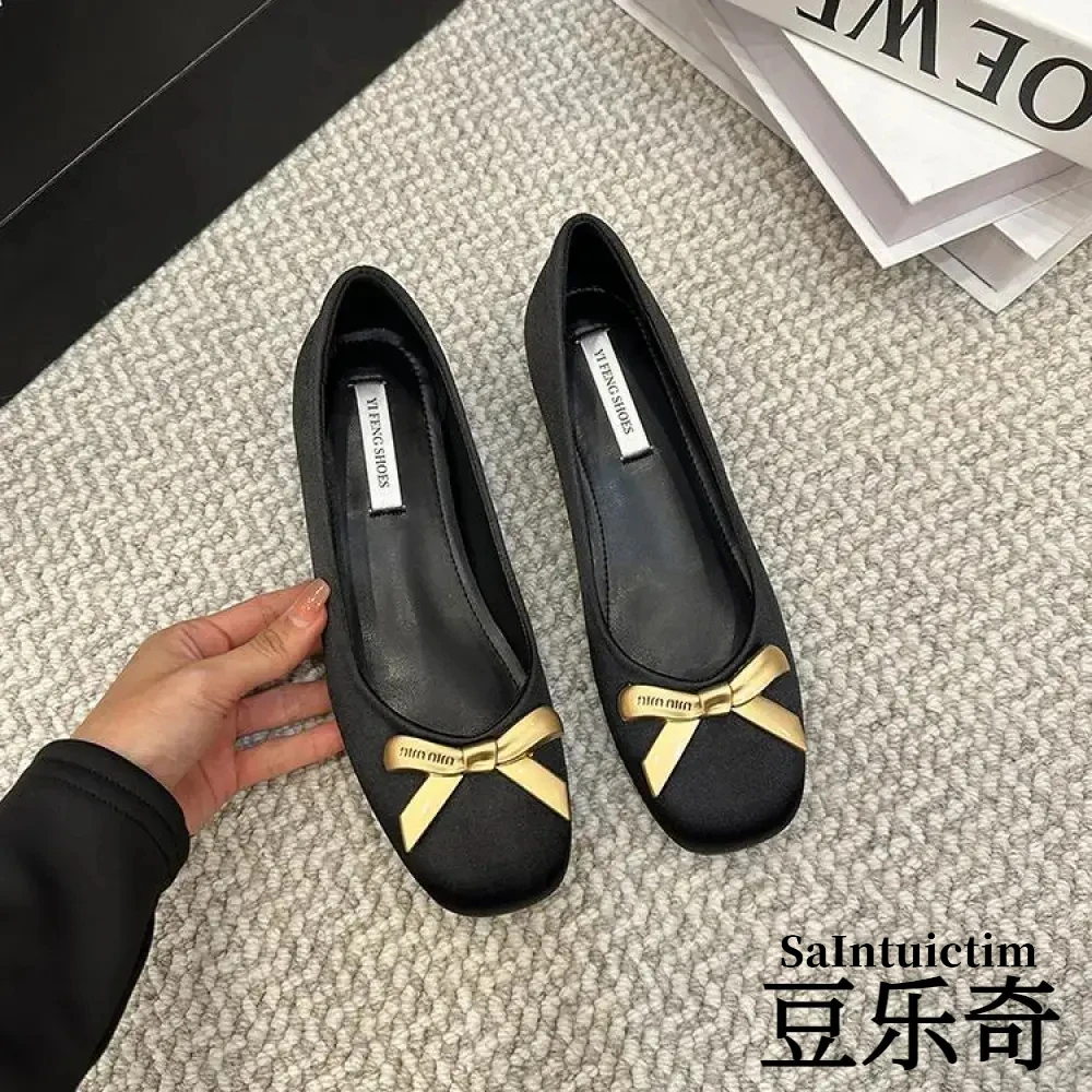 SAINTUICTIM内增高5cm方头蝴蝶结法式休闲风单鞋女鞋低跟时尚夏季