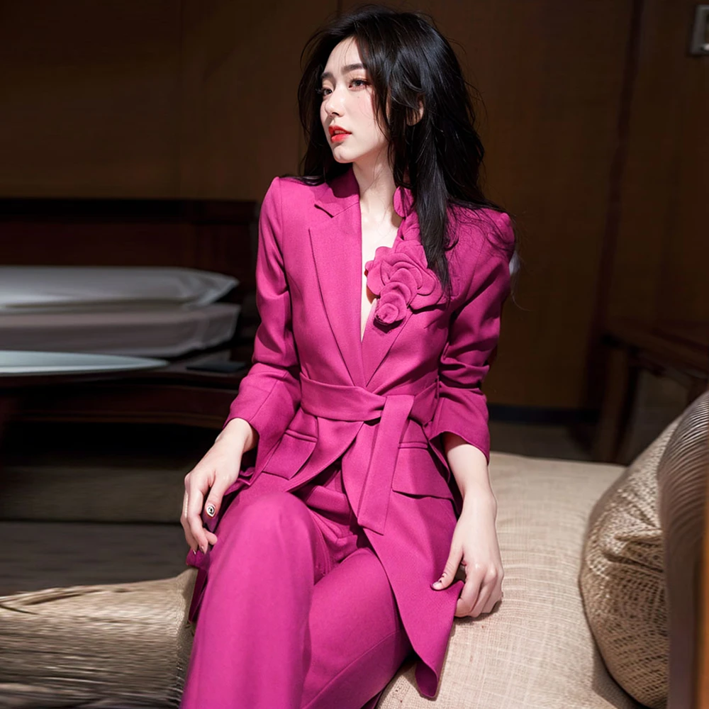 2025春秋轻奢高级感女人味玫粉色立体花朵收腰西装微喇裤两件套装