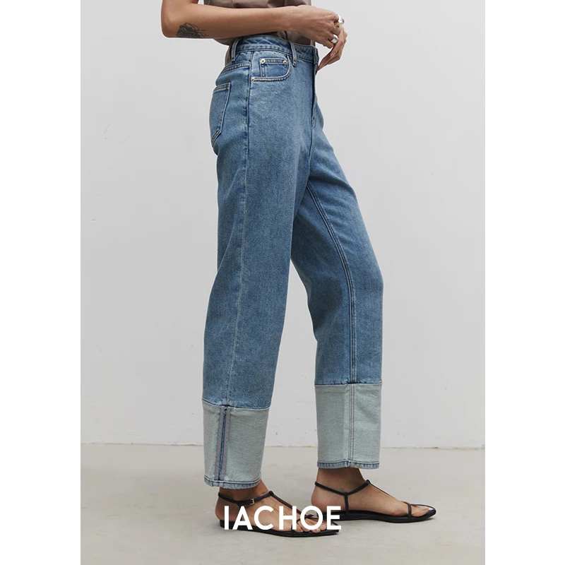 IACHOE【夏日牛仔】九分翻边牛仔裤3531519006直筒牛仔