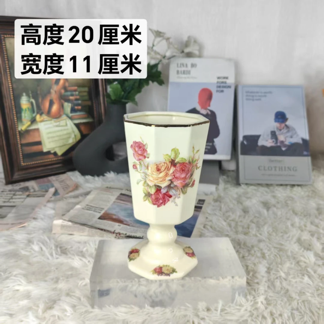 陶瓷欧式老镇玫瑰象牙黄花瓶筷子筒餐桌小花瓶