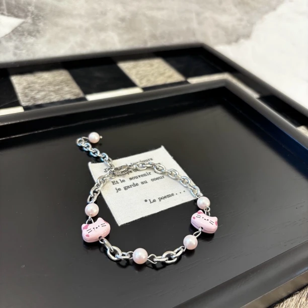 铜合金仿珍珠手链 粉猫猫手链SL1748