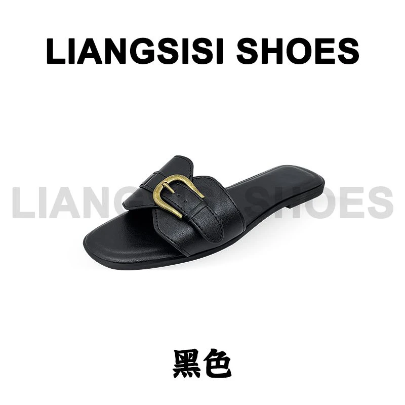 p梁思思SHOES2025夏季新款方头露趾皮带扣简约平底一字拖-998-2