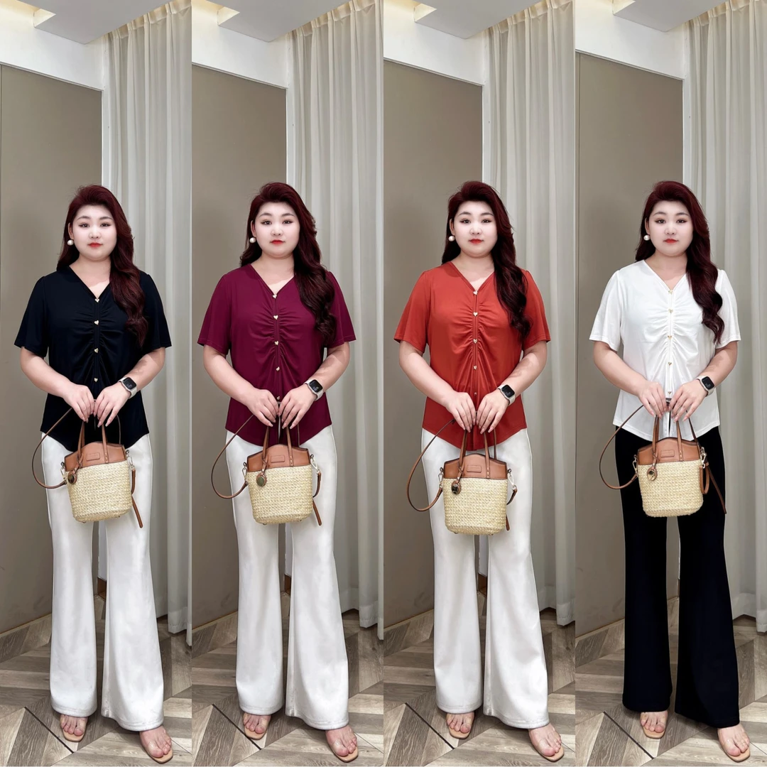 【上新现货】PMM81916夏季新款捏褶设计感气质纯色V领T恤