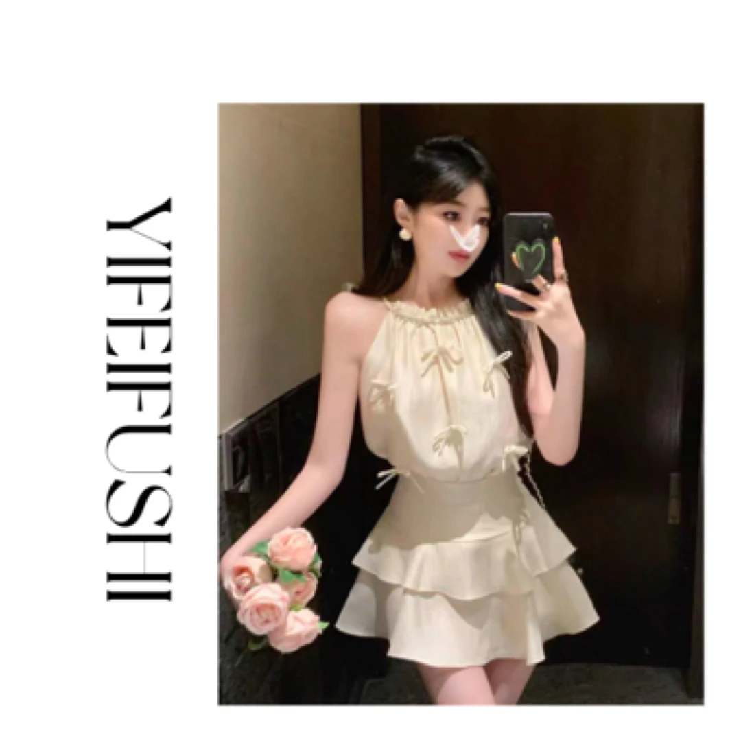 法式休闲气质镶钻蝴蝶结挂脖上衣搭配高腰蛋糕半身裙