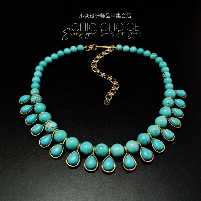 铜合金项链 大牌代工轻奢 新中式大自然蓝松串珠两戴项链