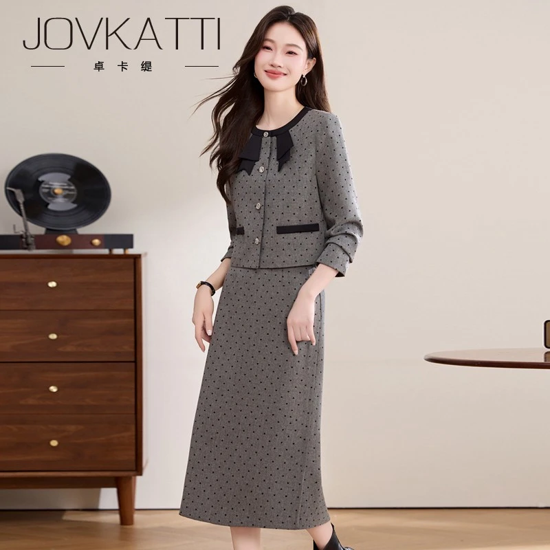 2025波点小香风套装裙女春秋新款复古气质蝴蝶结外套半身裙两件套