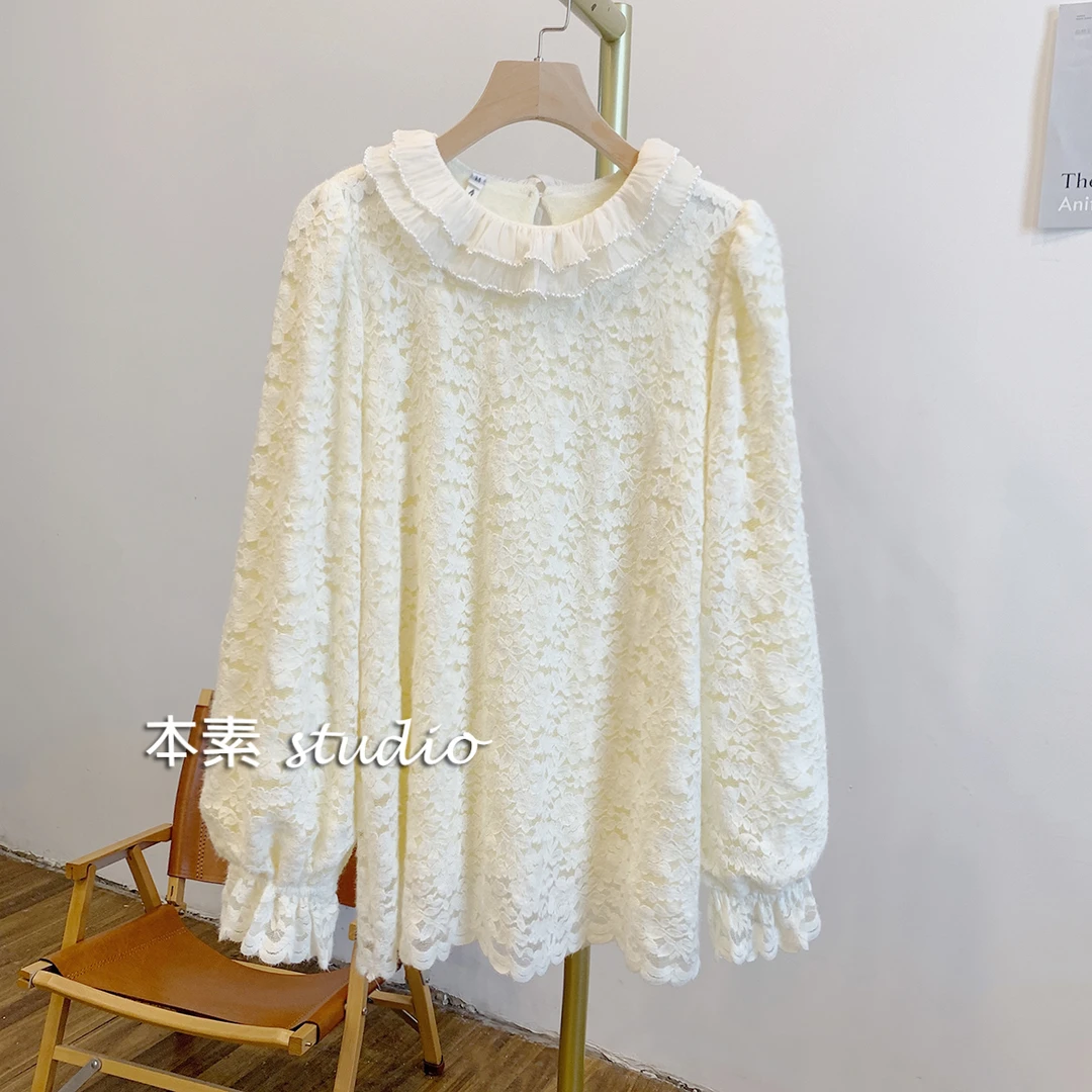 植绒蕾丝打底C3148加绒植绒蕾丝串珠双层娃娃领衬衫
