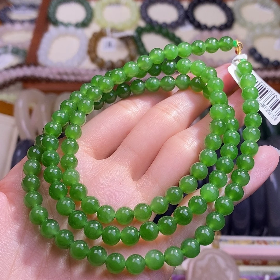 颈饰未镶嵌和田玉俄料碧玉金镶项链6MM毕业级