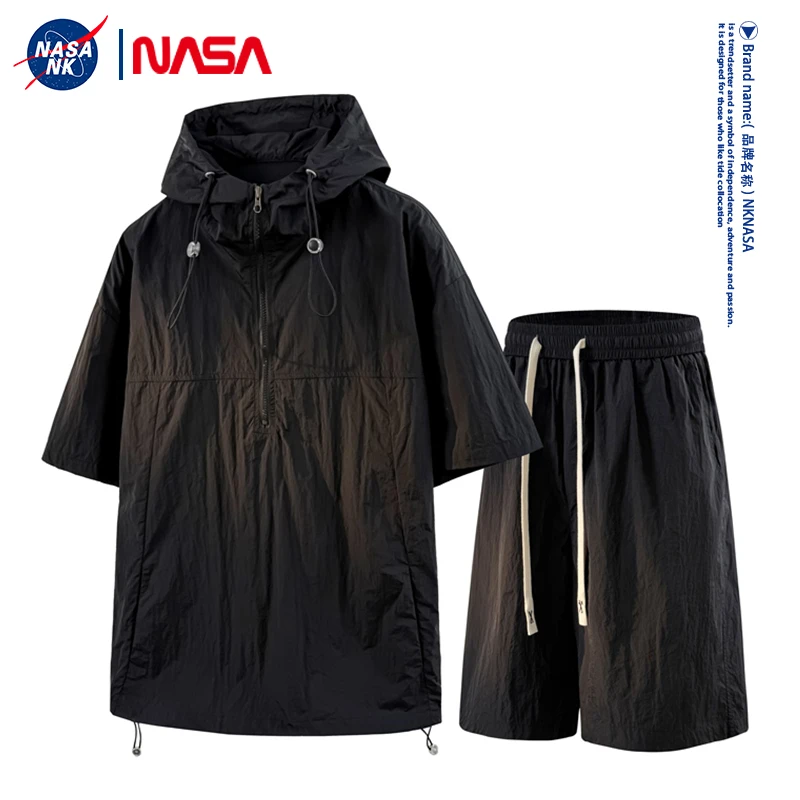 NASA联名冰丝薄款短袖套装男女同款连帽针织夏季户外防晒两件套潮
