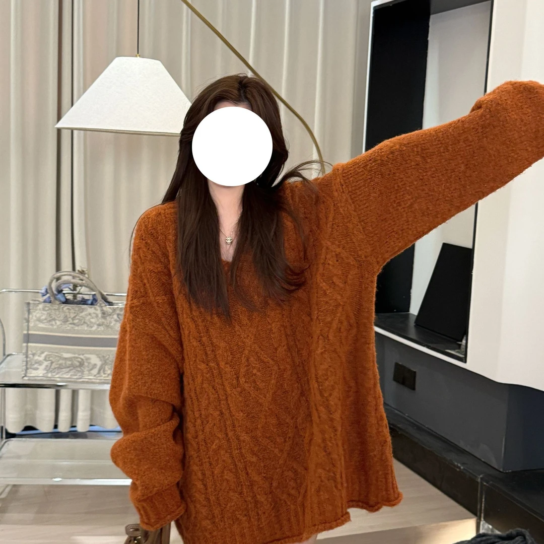 Ssman【麻花纹橙色毛衣】冬季加厚高克重针织时尚百搭套头毛衣