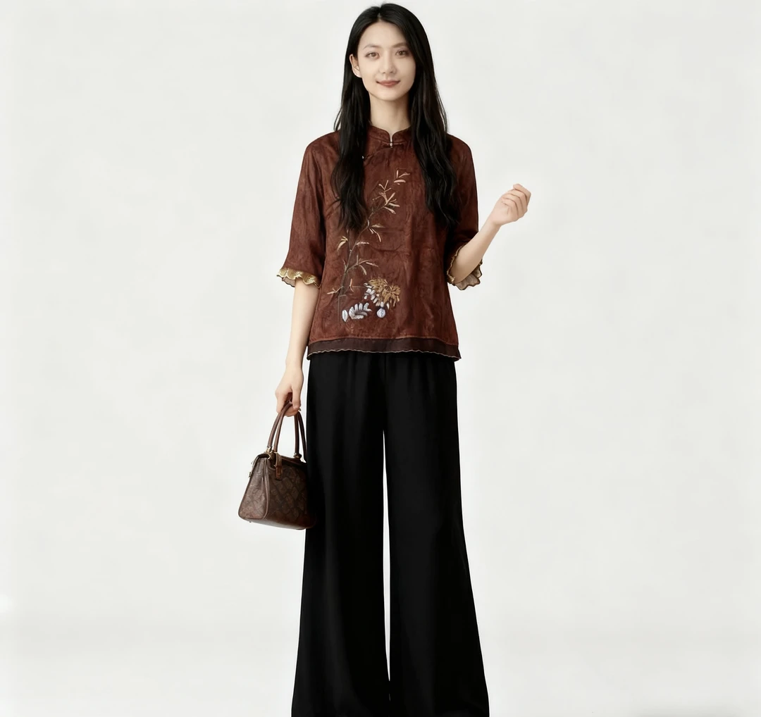 25112春秋薄款上衣斜襟唐装套装立领圆领五分袖碎花小衫复古套装