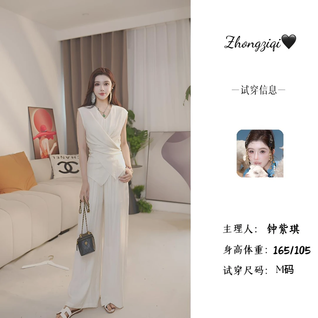 【钟紫琪】夏季高级显瘦30%亚麻+70%莱赛尔上衣阔腿裤两件套C8110