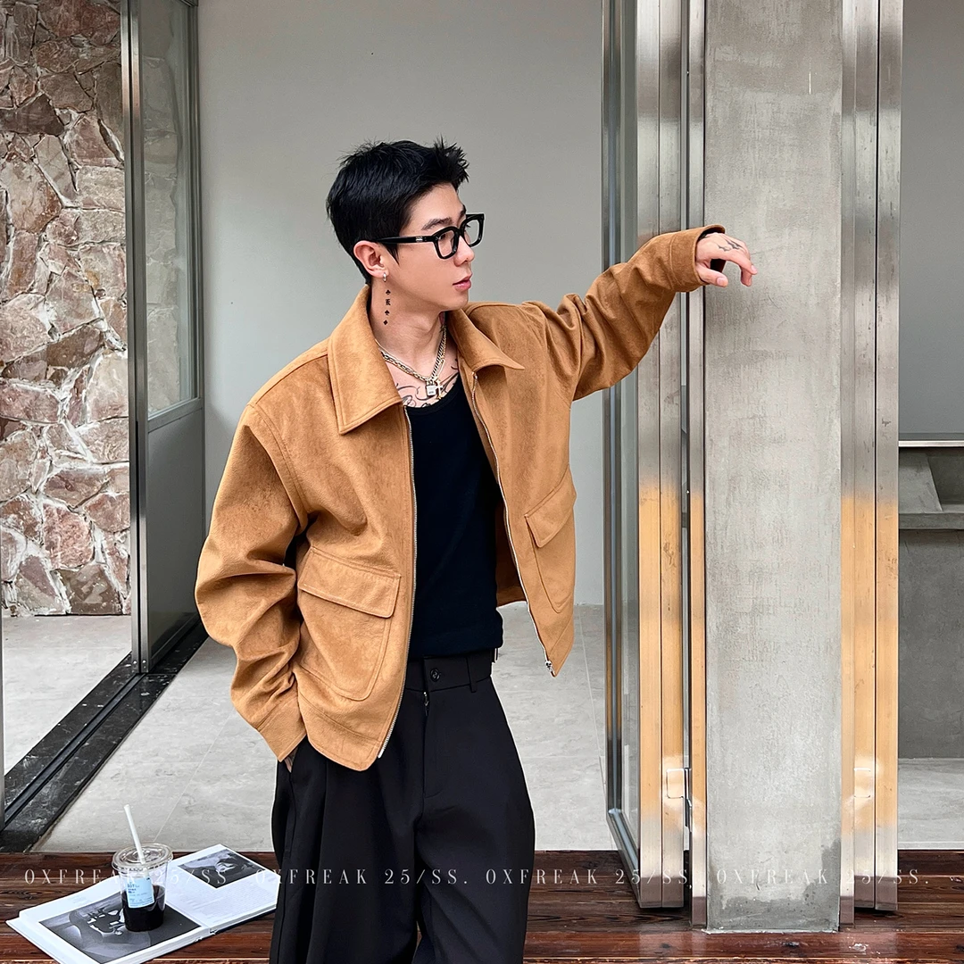 OXFREAK「琥珀流光 麂皮绒」美式棕色工装夹克男宽松箱型翻领外套