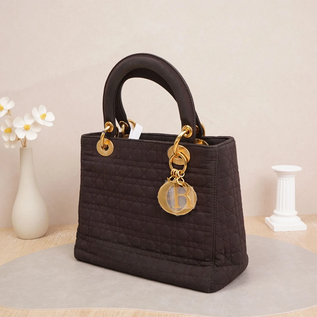 95新 DIOR/迪奥 迪奥中古戴妃菱格手提包中号咖啡色帆布DS025296