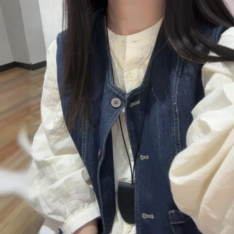 韩版水洗蓝色牛仔坎肩马甲外套内搭衬衫两件套ins秋季新款穿搭女