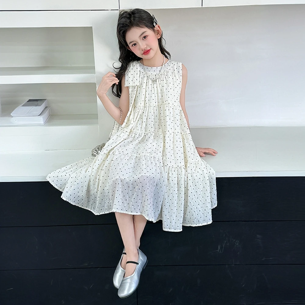 女童超仙波点无袖连衣裙2025新款夏季中大童女孩背心裙洋气公主裙