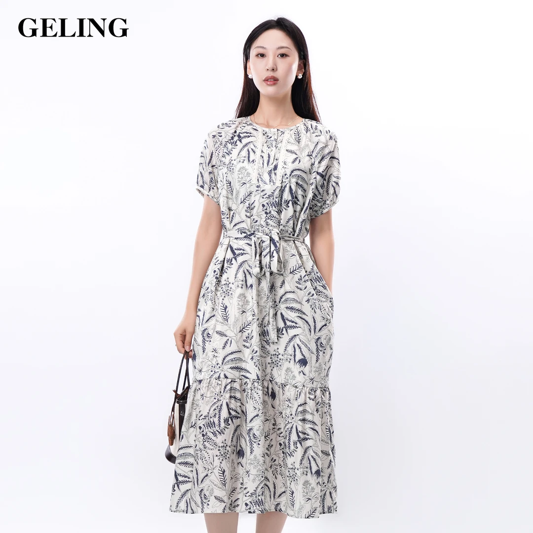 GELING/歌&玲夏季100天丝印花连衣裙时尚法式度假长裙G505L405L