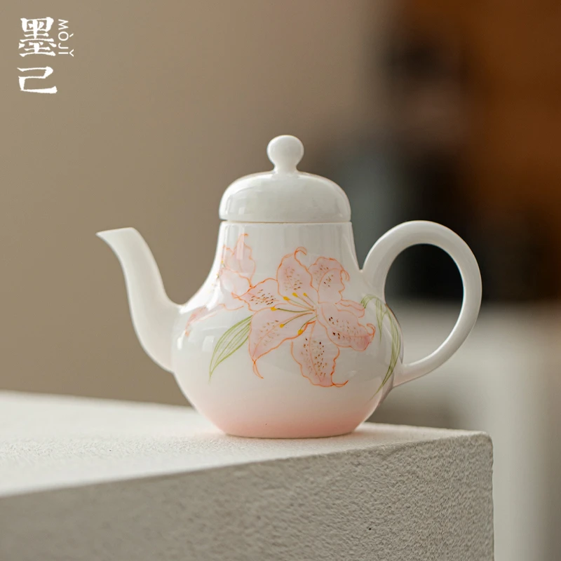 墨己玉泥粉漾百合手绘家用陶瓷茶壶功夫茶具球孔过滤手执壶泡茶壶
