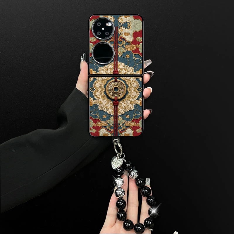 适用华为pocket2手机壳招财铜币小羊皮折叠壳全包简约保护套