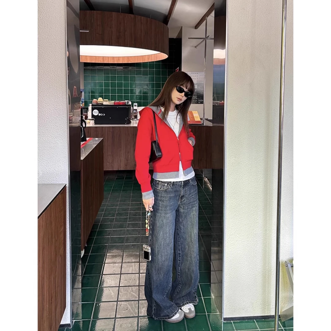 D YANGJUN【牛仔裤】复古深蓝阔腿低腰牛仔裤