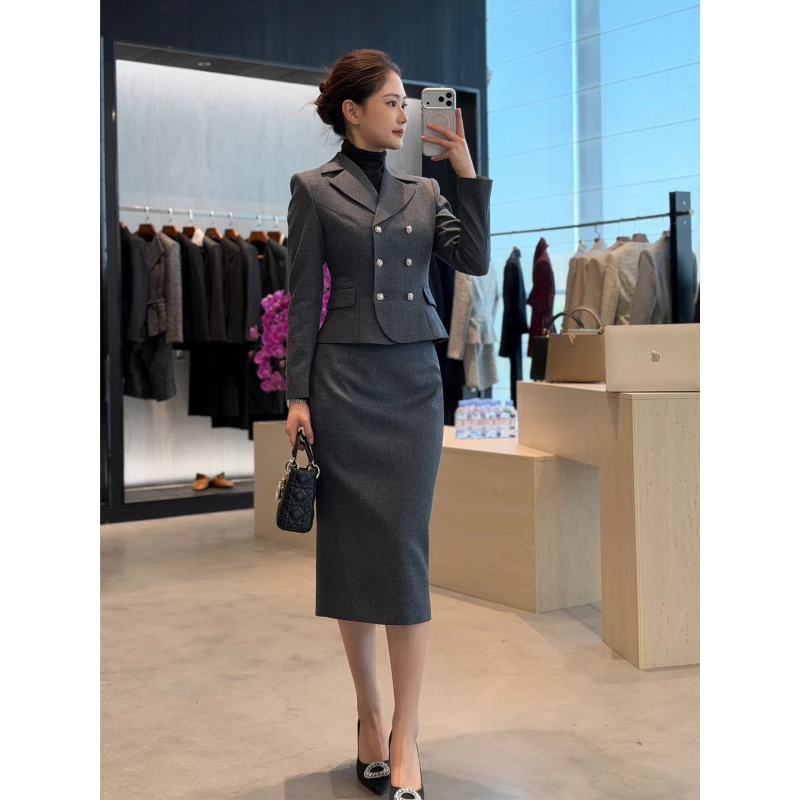 3735-【伦敦印象派】熔岩灰西装半身裙套装2025秋冬款西服两件套