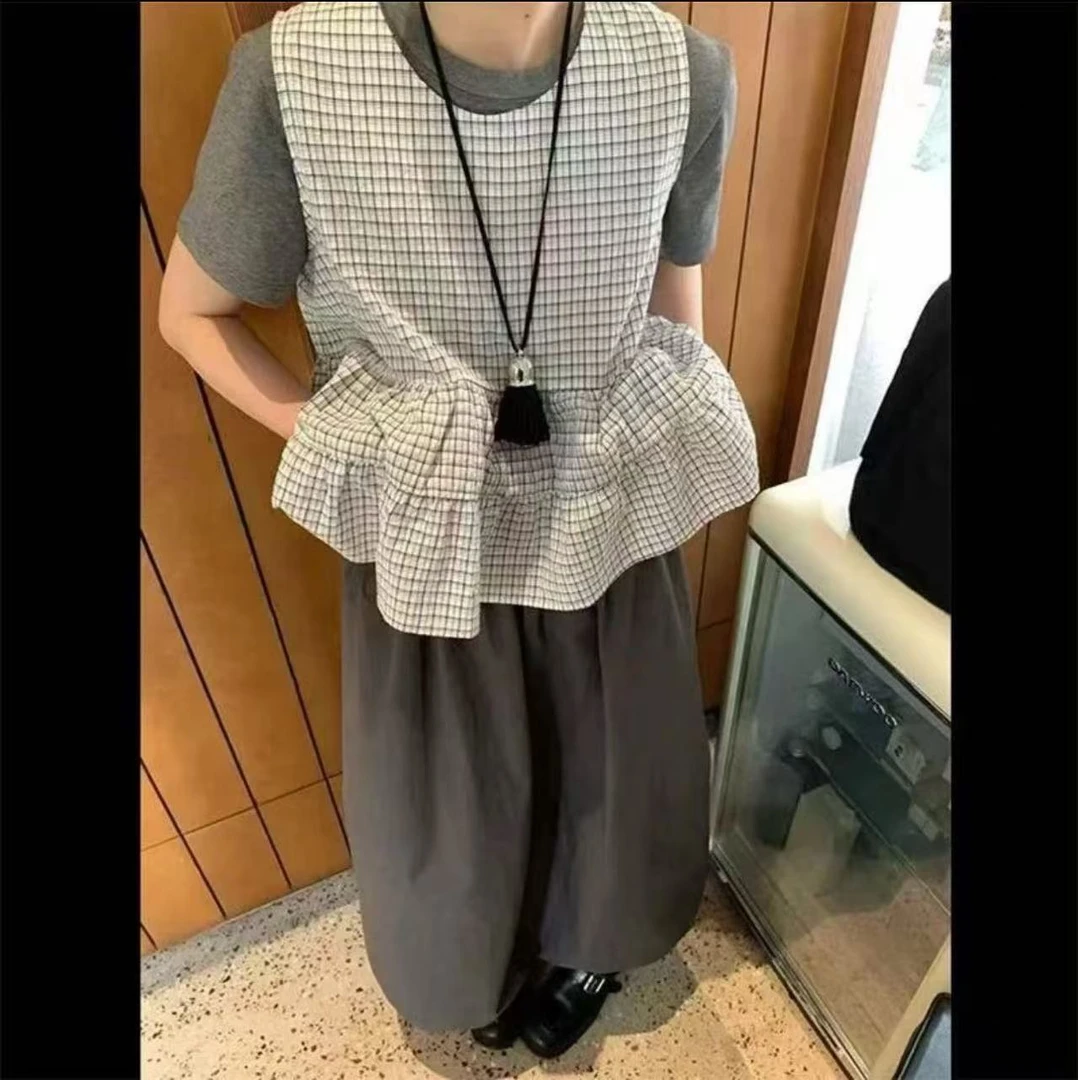 大码女装夏季一整套穿搭灰色短袖T恤背心叠穿阔腿裤套装