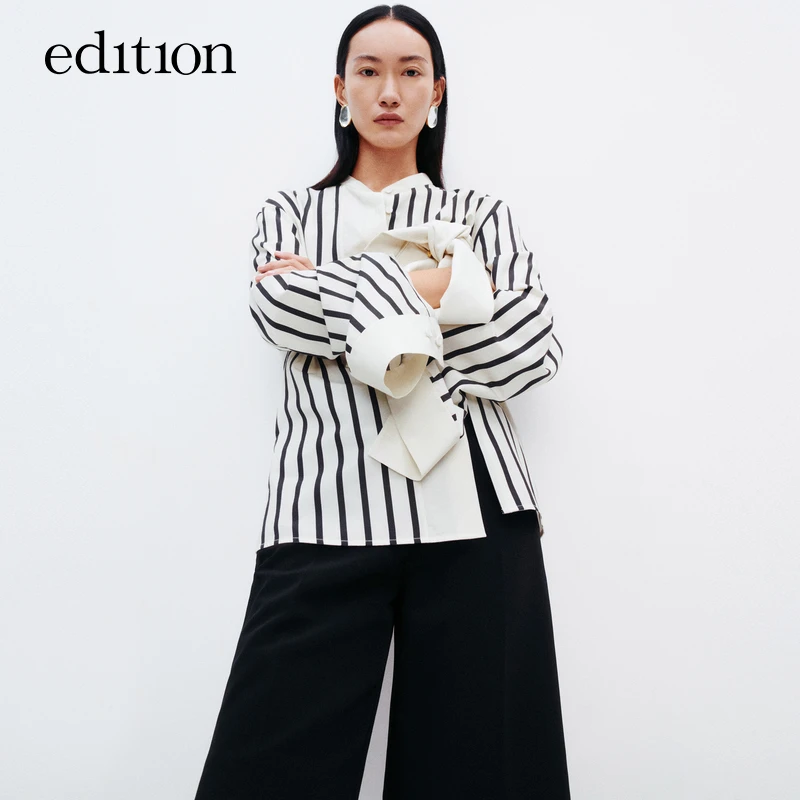edition夏款艺术黑白竖条纹丝棉衬衫#EBD2TOPT10