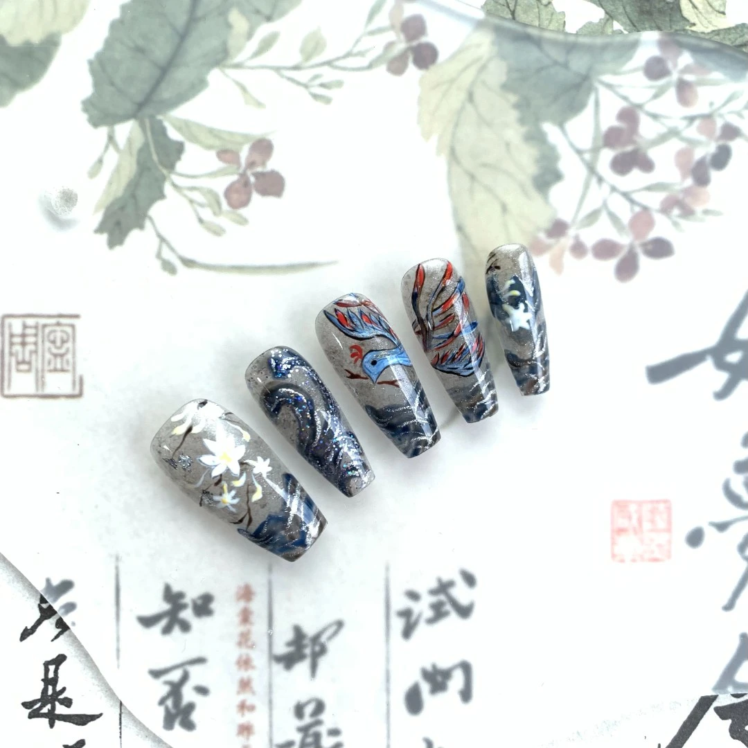 【日夜帮忙-精卫填海】原创手绘国风出街日常显白超好看新款穿戴甲