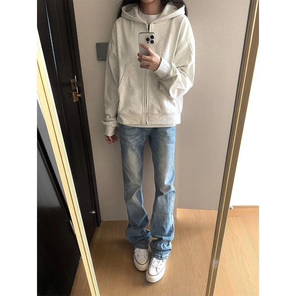 美式复古白花灰色开衫卫衣男秋季潮牌重磅连帽衫cleanfit情侣外套