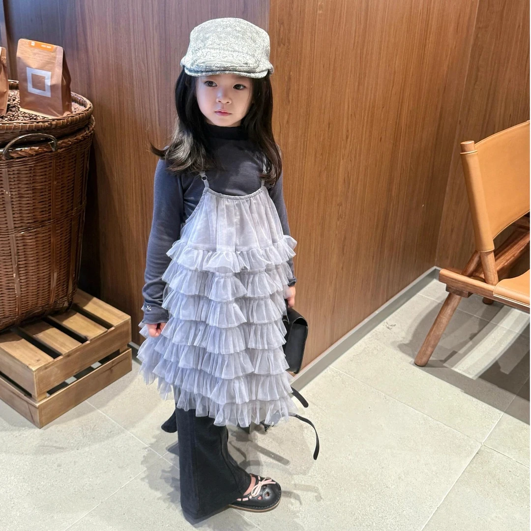 壹妈韩版童装女童秋装套装洋气儿童打底衫上衣吊带网纱蛋糕公主裙