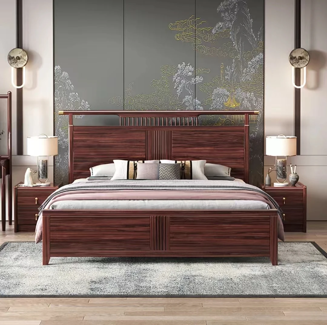 【高配榫卯】新中式乌金木官帽全实木床主卧室家用气压储物大床901A