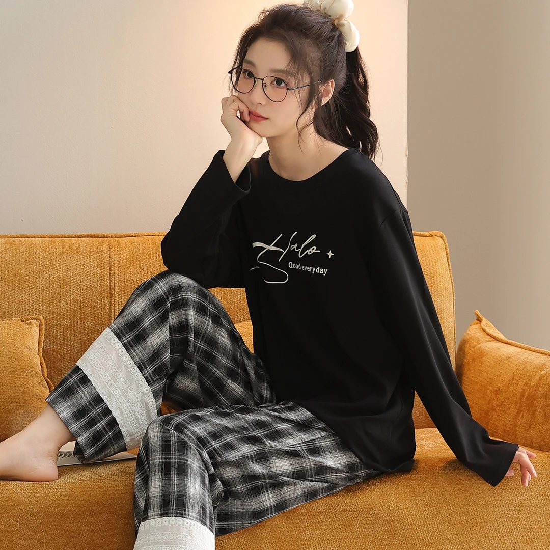 卡之恋长袖40支紧赛精梳双面纯棉黑色格子家居服【加厚全棉240g】