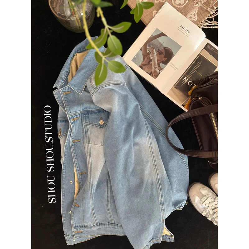 【瘦瘦】大码翻领复古水洗做旧简约百搭牛仔夹克外套S02003