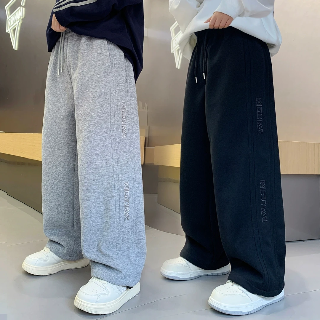 男童卫裤春秋新款季阔腿黑色灰色儿童运动冬大童裤子直筒长裤加绒