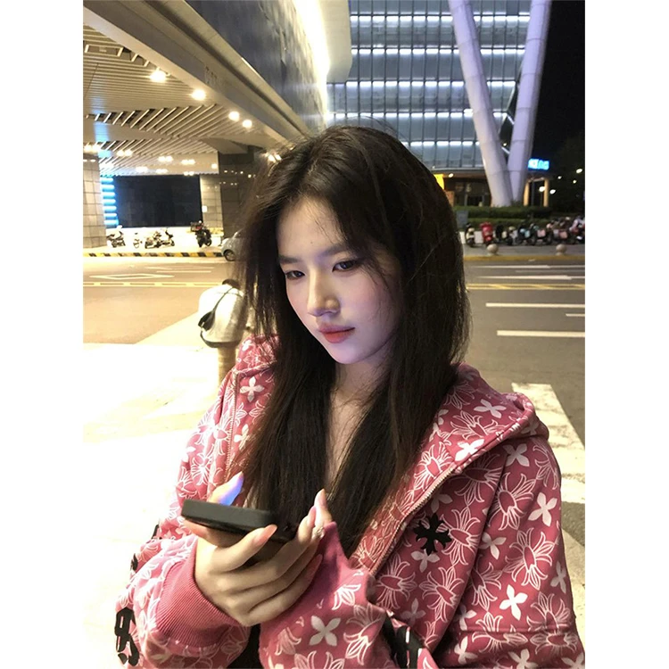 美式复古高街十字满印连帽拉链卫衣女春秋哥特风开衫慵懒休闲外套