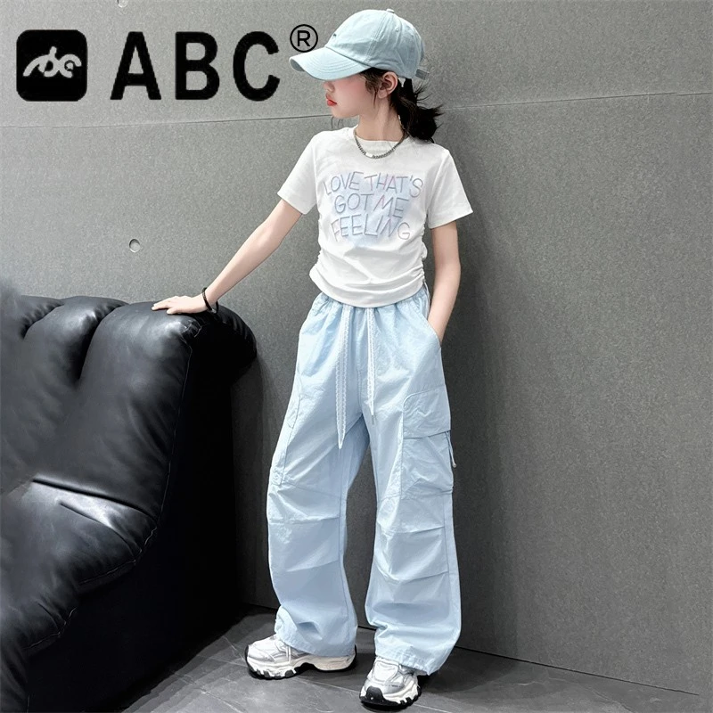 ABC女童工装裤新款洋气儿童直筒裤夏季薄款女大童初中生阔腿长裤