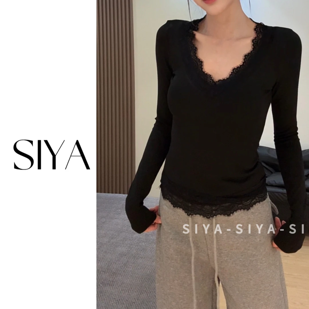 【SIYA】性感蕾丝拼接设计长袖修身显瘦百搭气质上衣打底