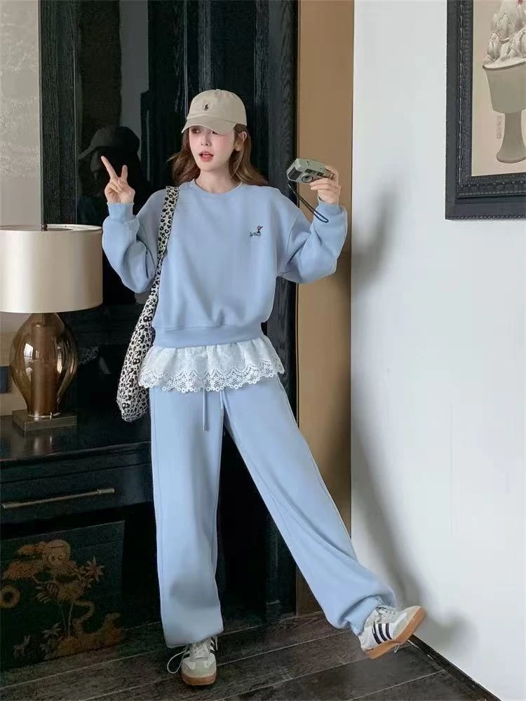 蓝色休闲运动卫衣蕾丝花边套装裤女春秋2025新款两件套减龄高级感