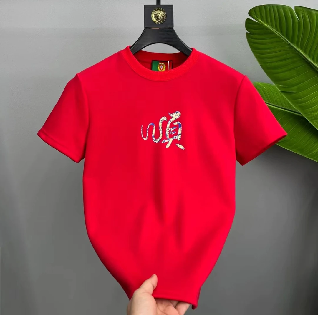 纯棉重磅男士短袖新款潮牌蛇年印花半袖体恤修身国潮红色打底衫男