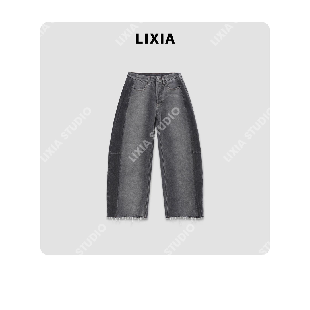 LIXIA【墨石】韩版设计感双色拼接水洗重工丹宁拉绒牛仔裤-D10088