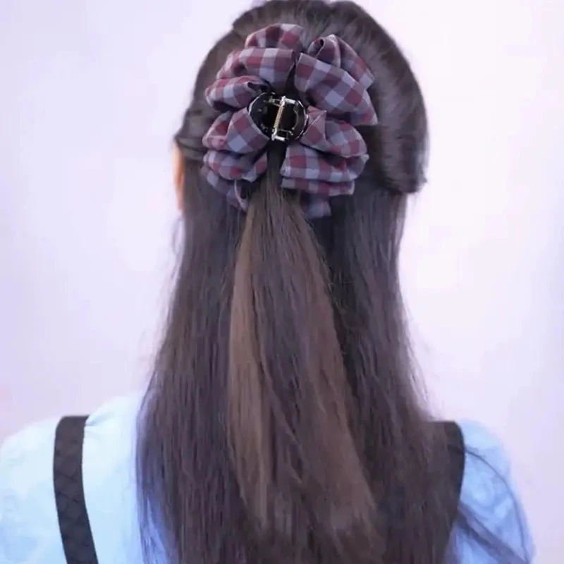 韩系格子云朵泡泡抓夹气质百搭韩系鲨鱼抓夹新款后脑勺盘发夹女