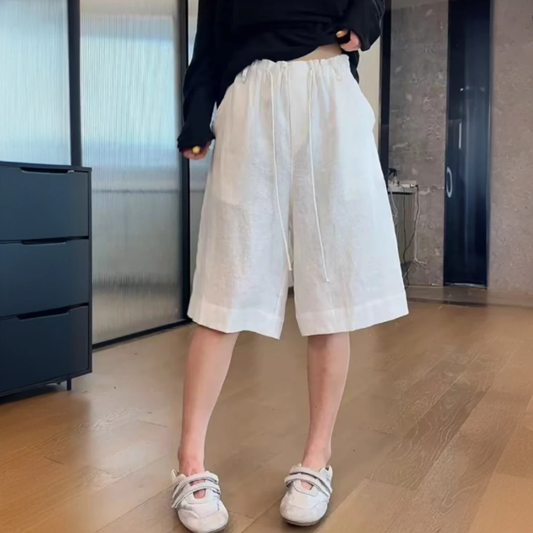2025夏季薄款高腰显瘦直筒捏摺休闲裤大码百搭白色六分宽松阔腿裤