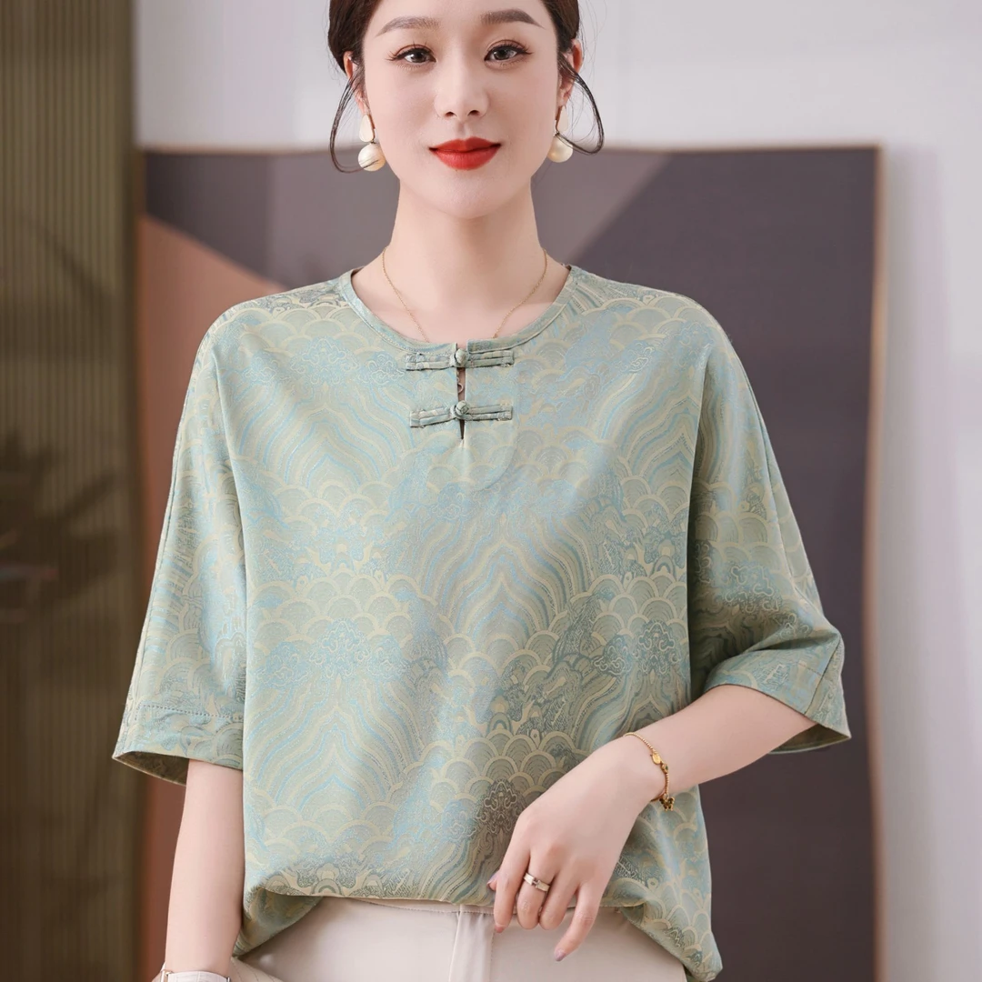 新款中老年妈妈夏装雪纺真丝上衣小衫2025夏季50岁女装中袖衬衣衫