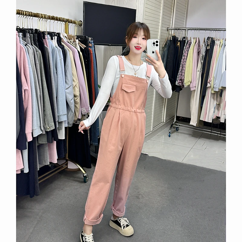 小个子粉色牛仔背带裤套装女2025年春秋季新款洋气减龄哈伦背带裤