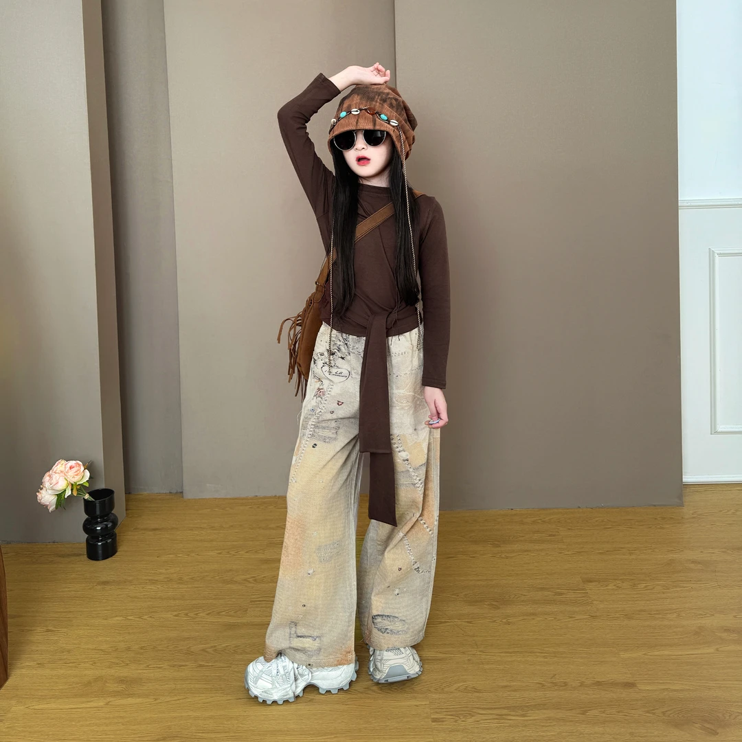 女童2025新款轻奢小众儿童韩版设计感时尚舒适休闲卫衣牛仔裤套装
