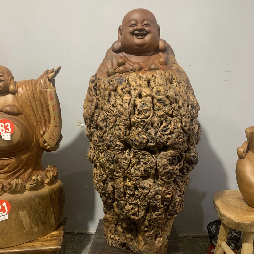 《百财弥勒》枣木手工雕刻落地摆件
