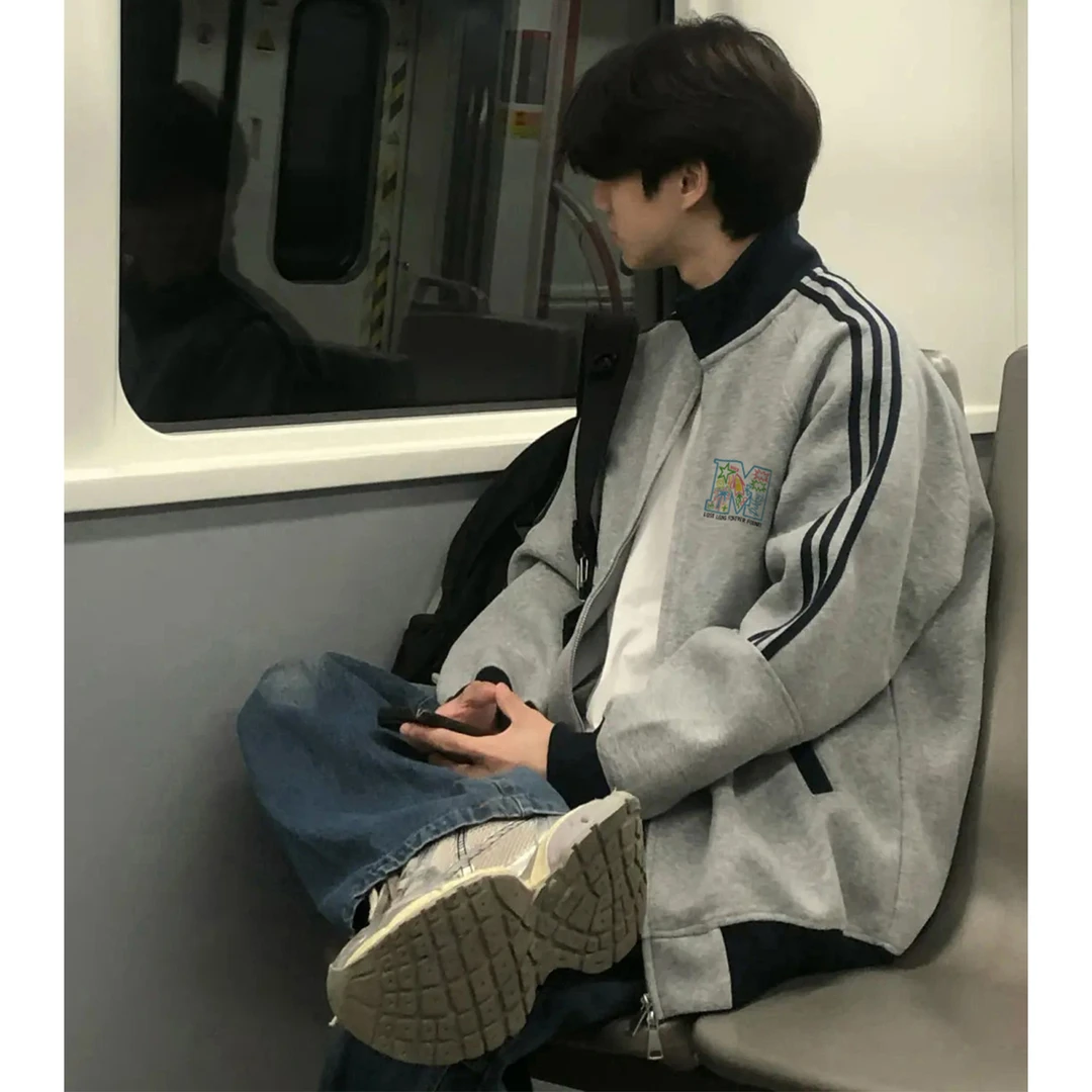 美式趣味创意字母印花三条杠立领开衫外套男女秋冬休闲宽松卫衣潮